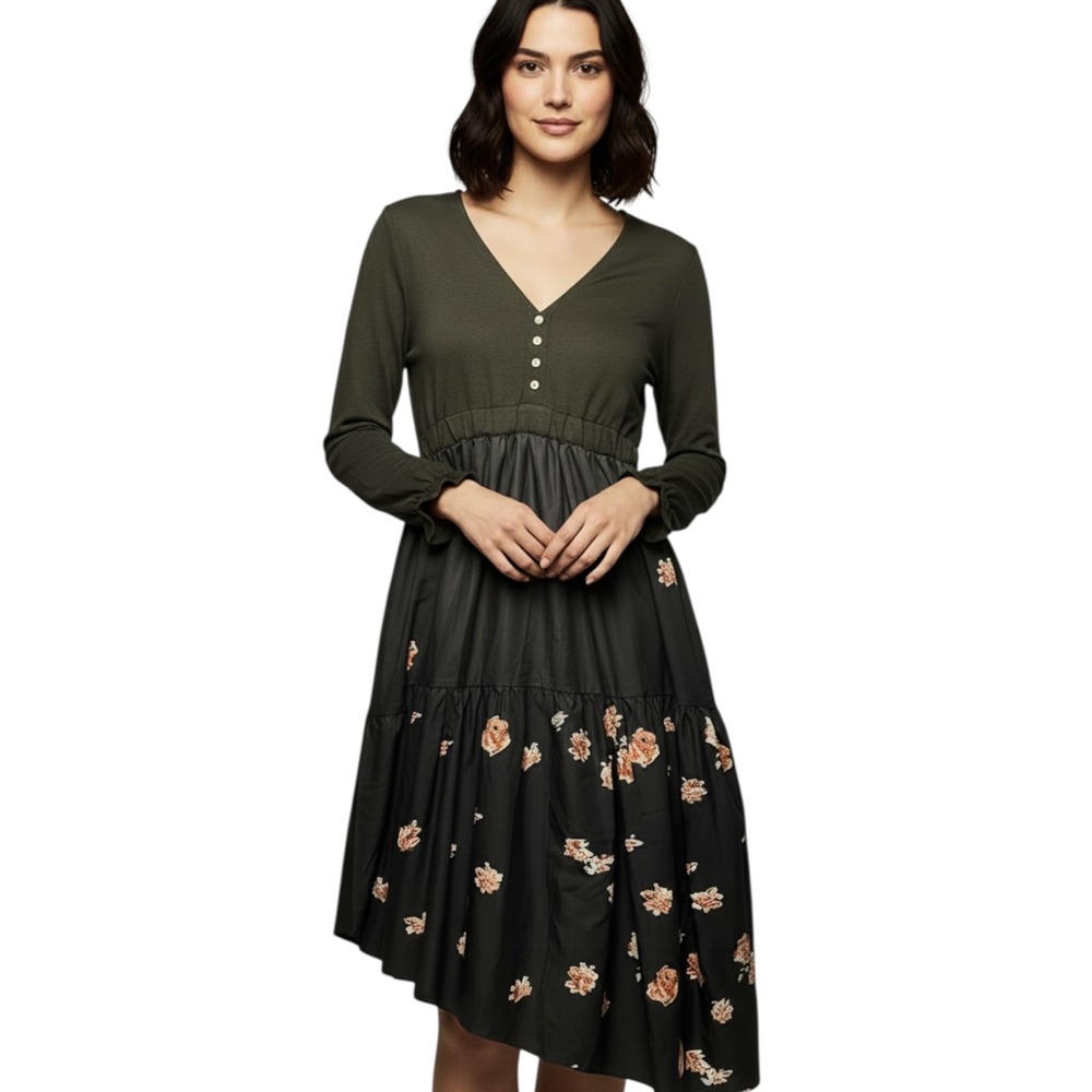 Cottagecore Womens Unbranded Mixed Media‎ Tiered Floral Midi Dress M Black